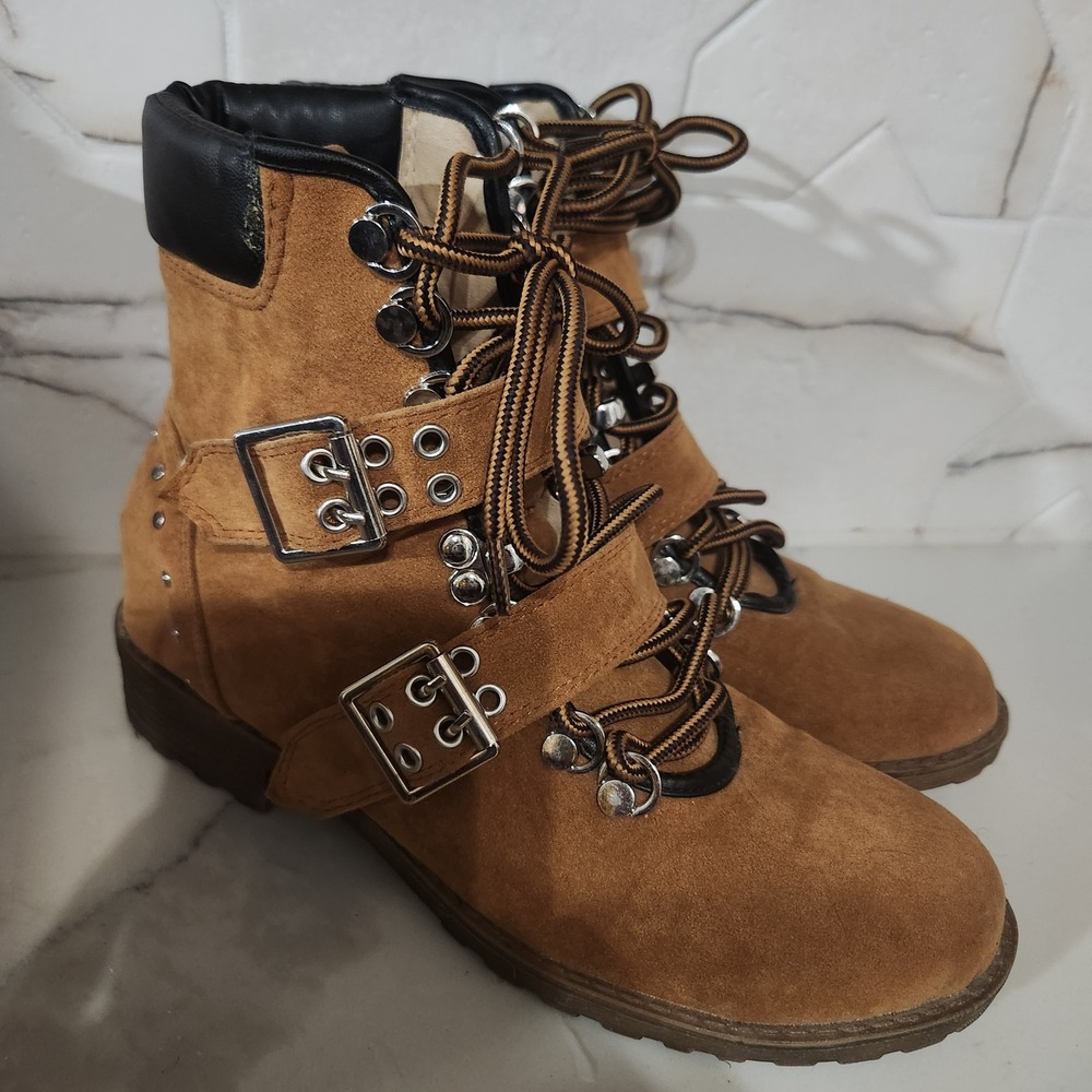 Chase + Chloe Kendy-1 Tan Faux Suede Buckle Studded Combat Ankle Boots Size 7.5
